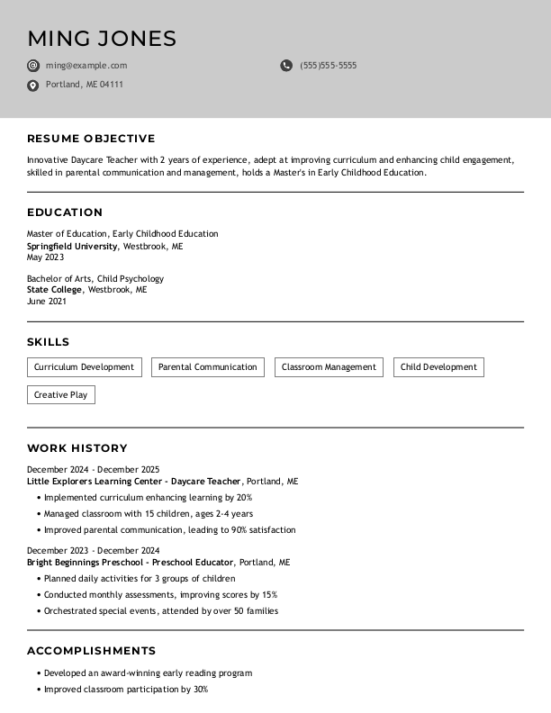 Creative Daycare Teacher Resume Template: Gray color