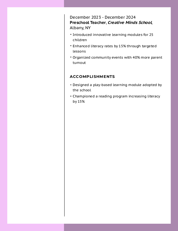 Creative Early Childhood Educator Resume Template: Pink color-2