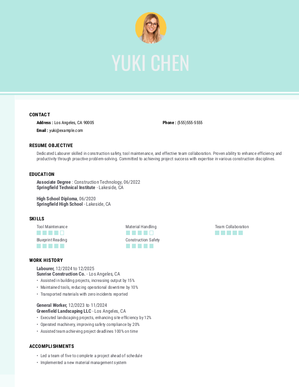 Creative Labourer Resume Template: Green color
