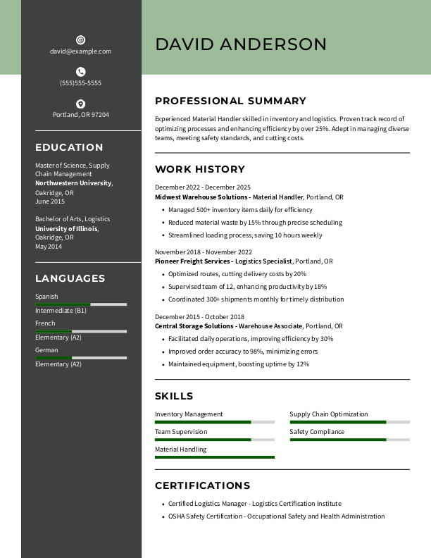 Creative Material Handler Resume Template: Green color