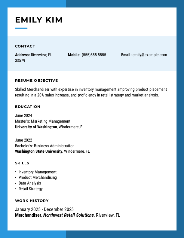 Creative Merchandiser Resume Template: Blue color