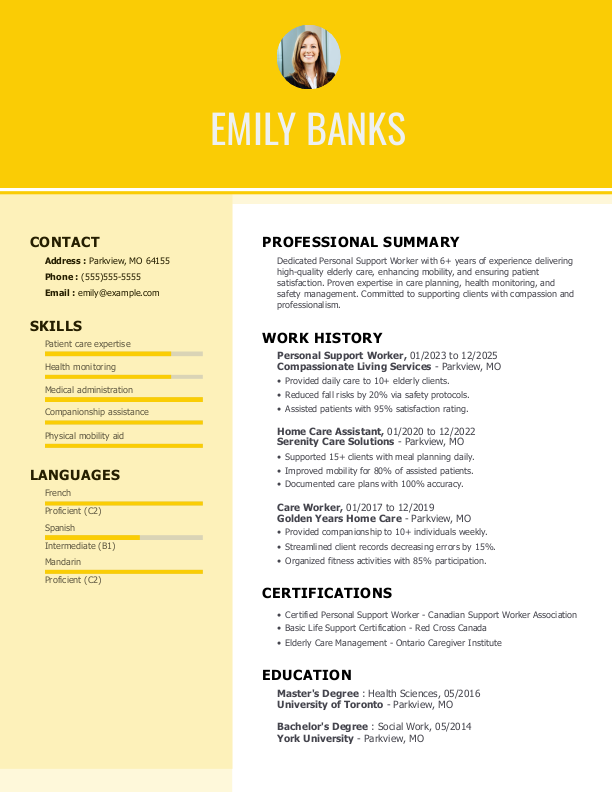 Creative Personal Support Worker Resume Template: Yellow color
