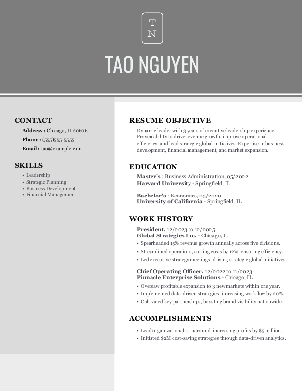 Creative President Resume Template: Gray color