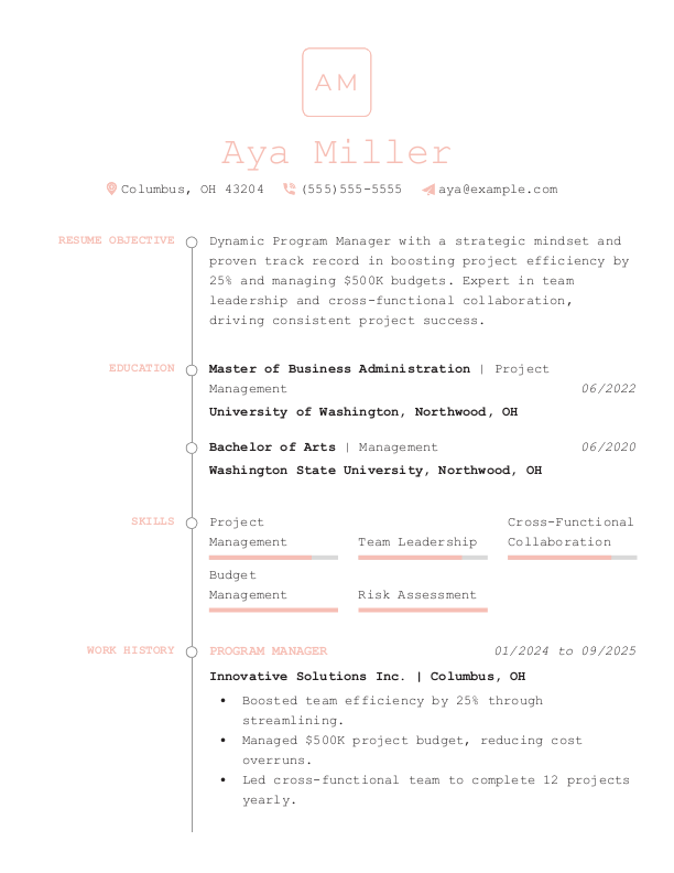 Creative Program Manager Resume Template: Pink color