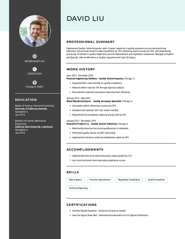 Creative Quality Control Inspector Resume Template: Green color