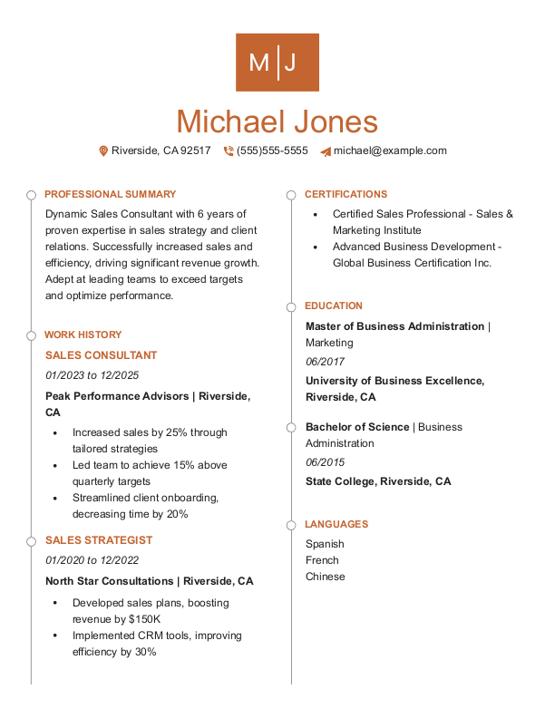 Creative Sales Consultant Resume Template: Orange color