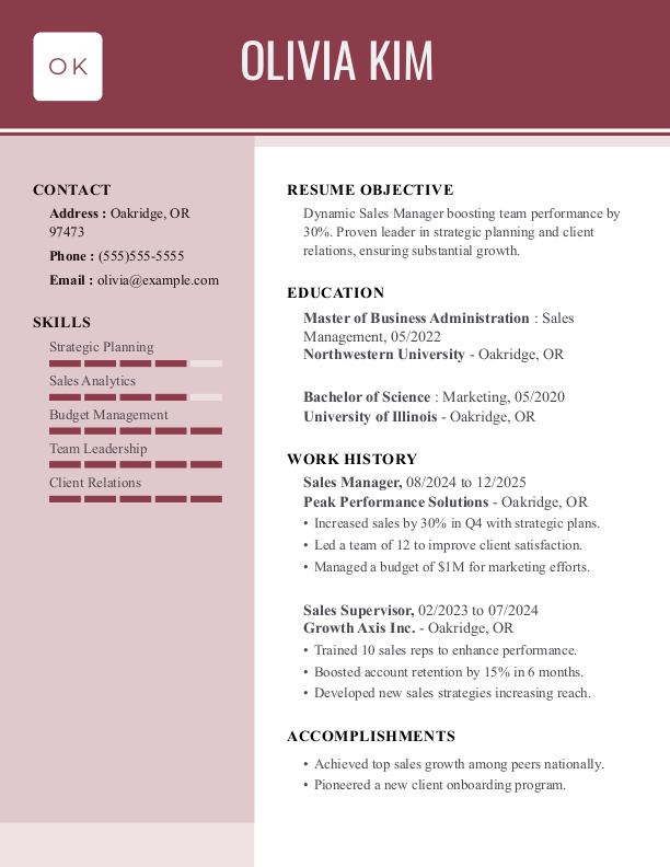 Creative Sales Manager Resume Template: Red color