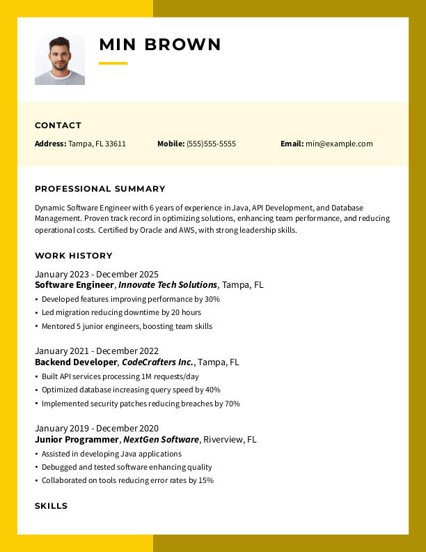 Creative Software Engineer Resume Template: Yellow color