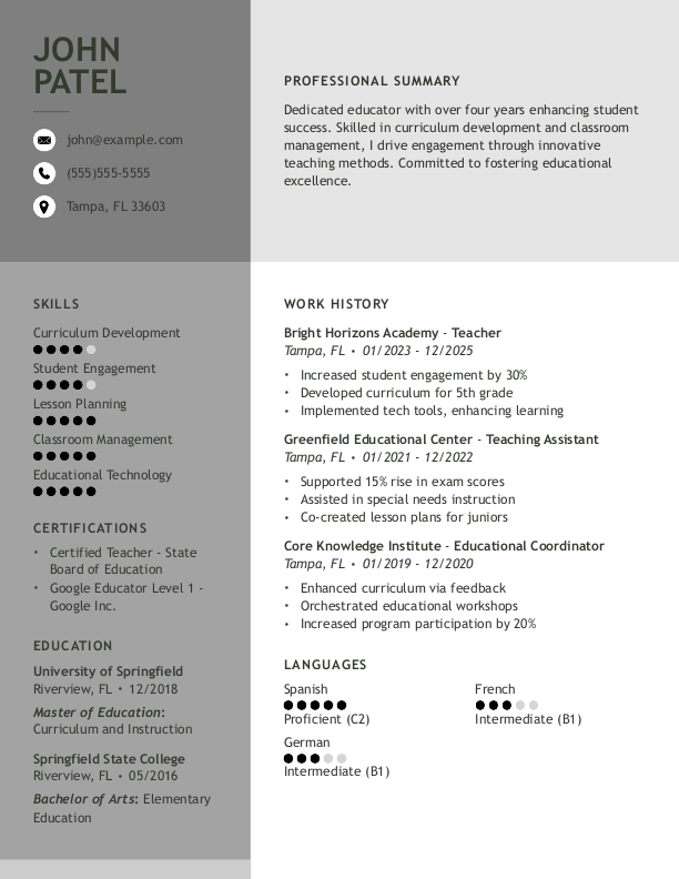 Creative Teacher Resume Template: Black color