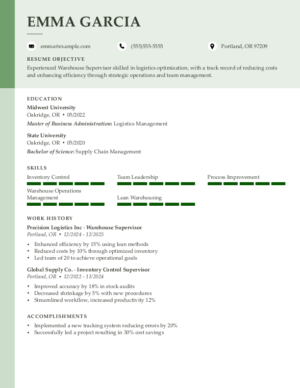 Creative Warehouse Supervisor Resume Template: Green color