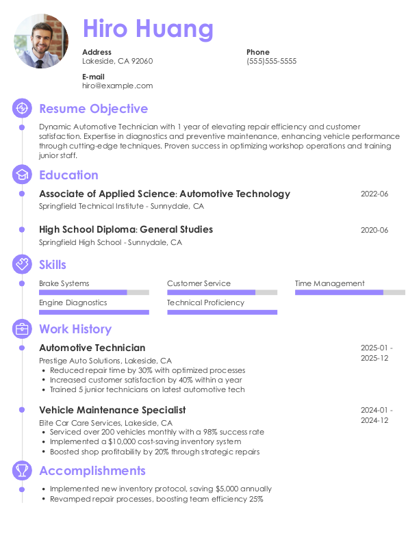 Elegant Automotive Technician Resume Template: Purple color
