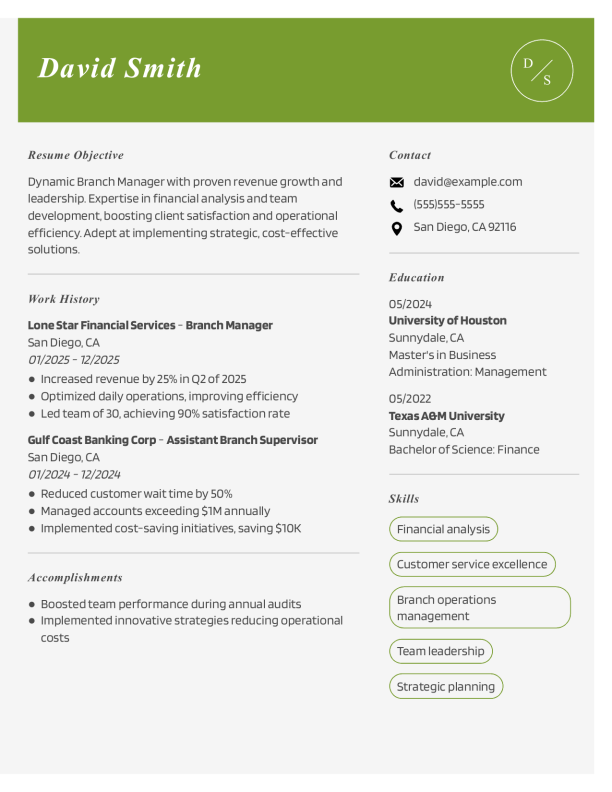 Elegant Branch Manager Resume Template: Green color