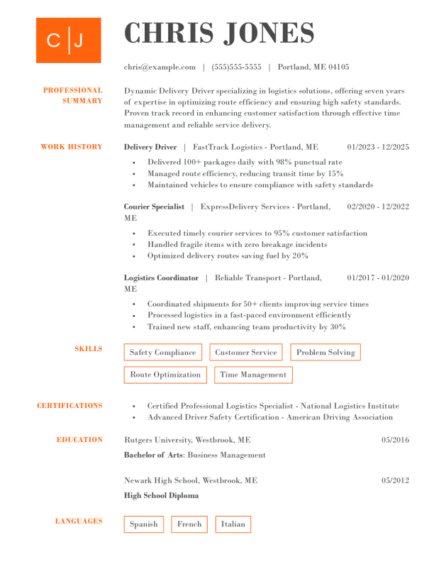 Elegant Delivery Driver Resume Template: Orange color