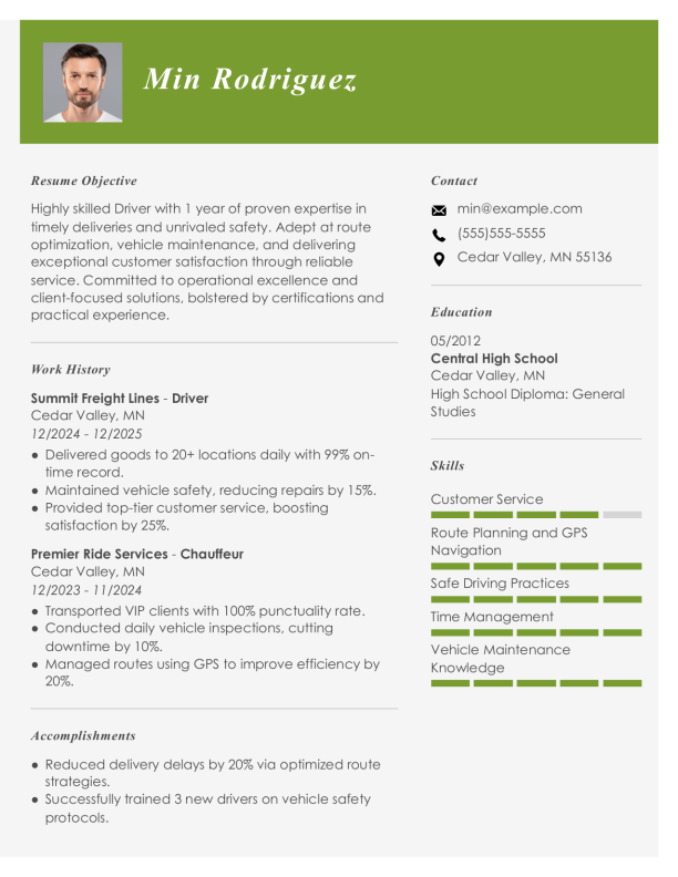 Elegant Driver Resume Template: Green color