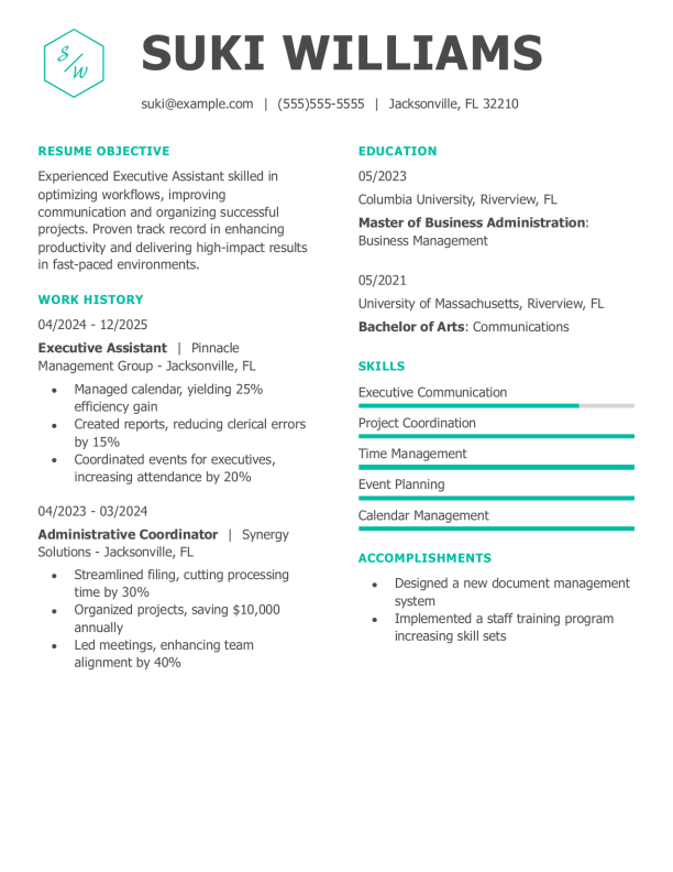 Elegant Executive Assistant Resume Template: Green color
