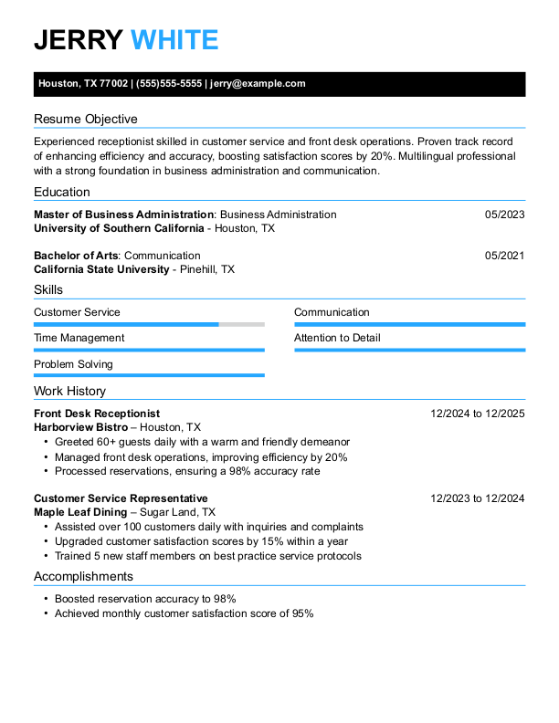 Elegant Front Desk Receptionist Resume Template: Blue color