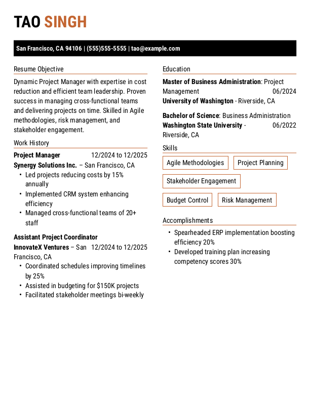 Elegant Project Manager Resume Template: Orange color