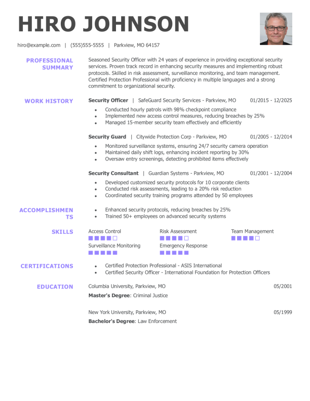 Elegant Security Officer Resume Template: Purple color