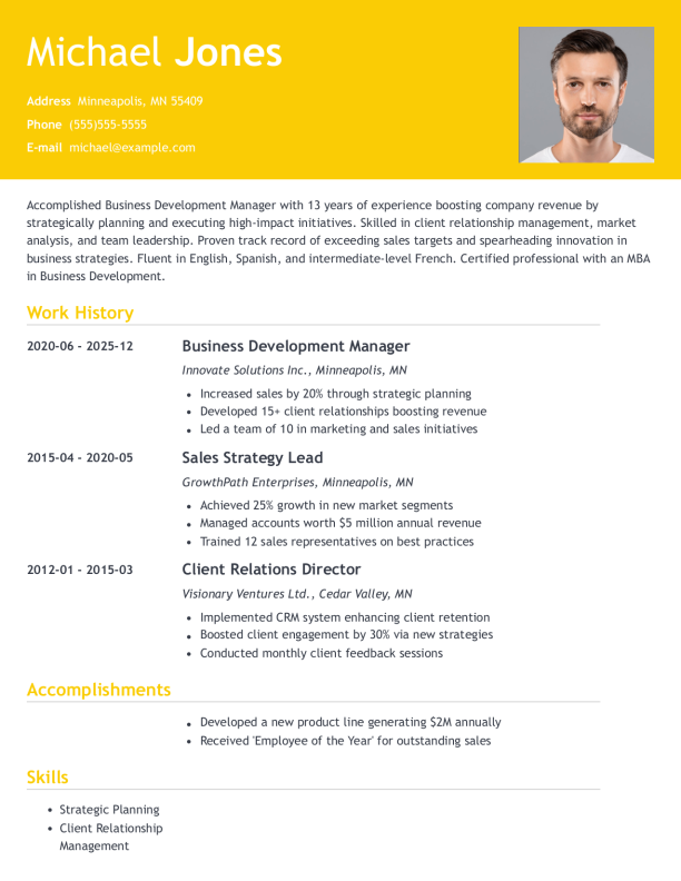 Modern Business Development Manager Resume Template: Yellow color