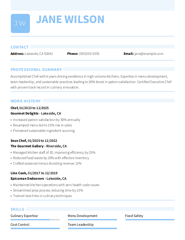 Modern Chef Resume Template: Blue color
