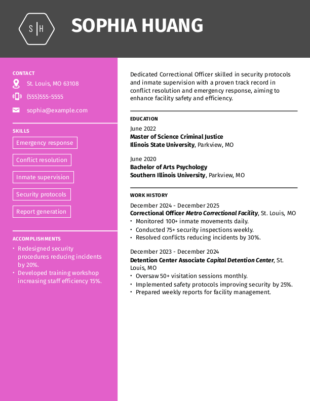 Modern Correctional Officer Resume Template: Pink color