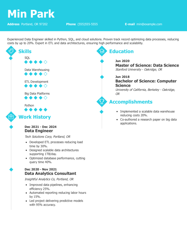 Modern Data Engineer Resume Template: Blue color