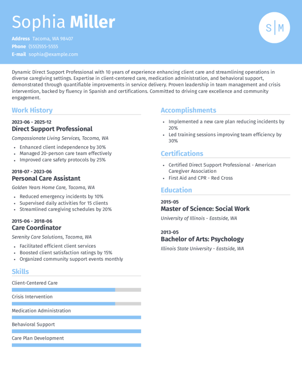 Modern Direct Support Professional Resume Template: Blue color