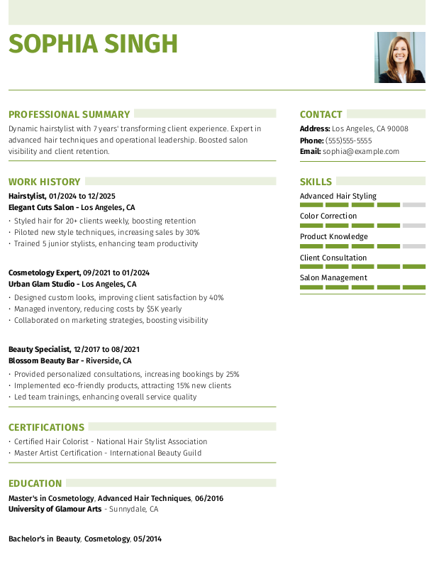 Modern Hairstylist Resume Template: Green color