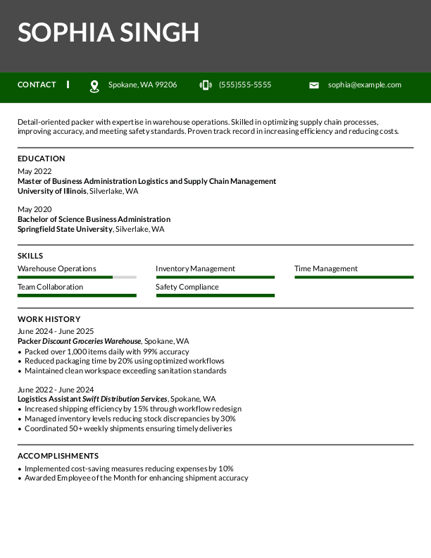 Modern Packer Resume Template: Green color