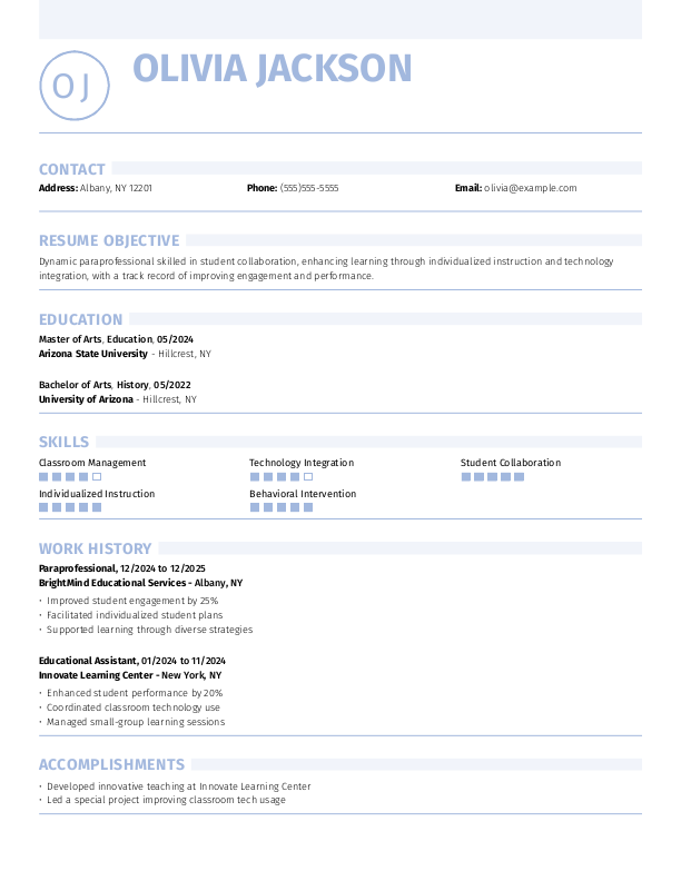 Modern Paraprofessional Resume Template: Blue color