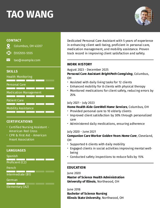Modern Personal Care Assistant Resume Template: Green color