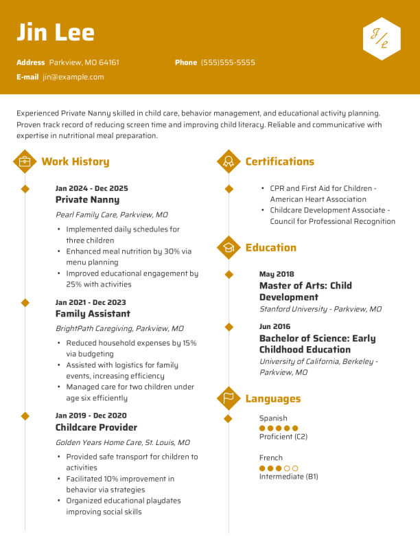 Modern Private Nanny Resume Template: Yellow color