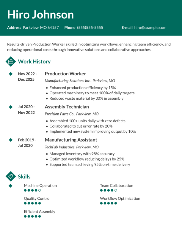 Modern Production Worker Resume Template: Green color