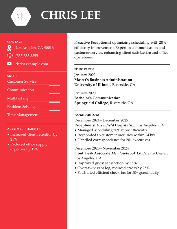 Modern Receptionist Resume Template: Red color