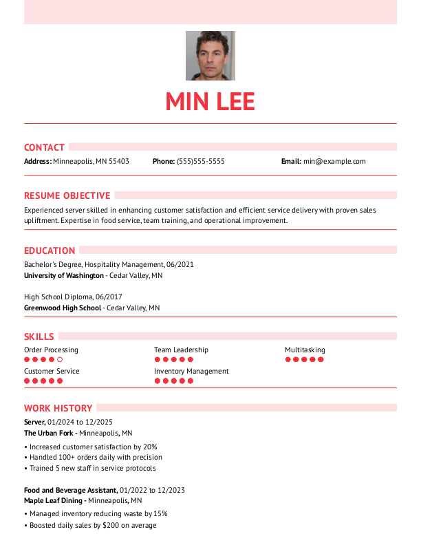Modern Server Resume Template: Red color