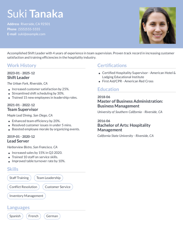 Modern Shift Leader Resume Template: Blue color