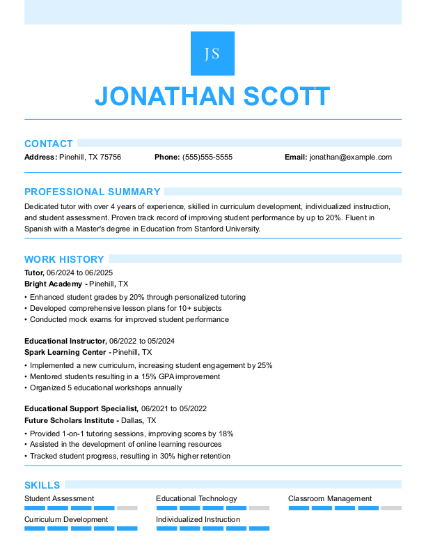 Modern Tutor Resume Template: Blue color