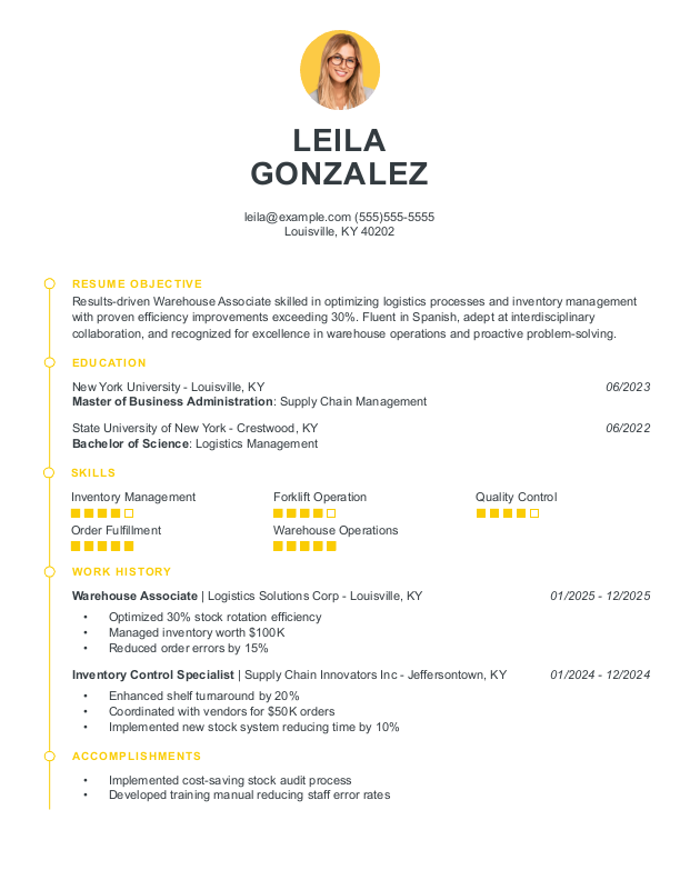 Modern Warehouse Associate Resume Template: Yellow color