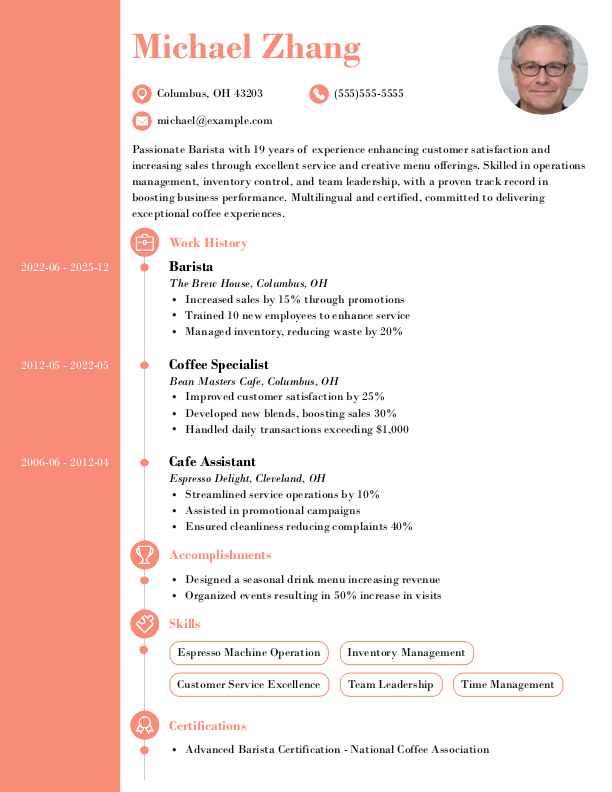 Professional Barista Resume Template: Pink color