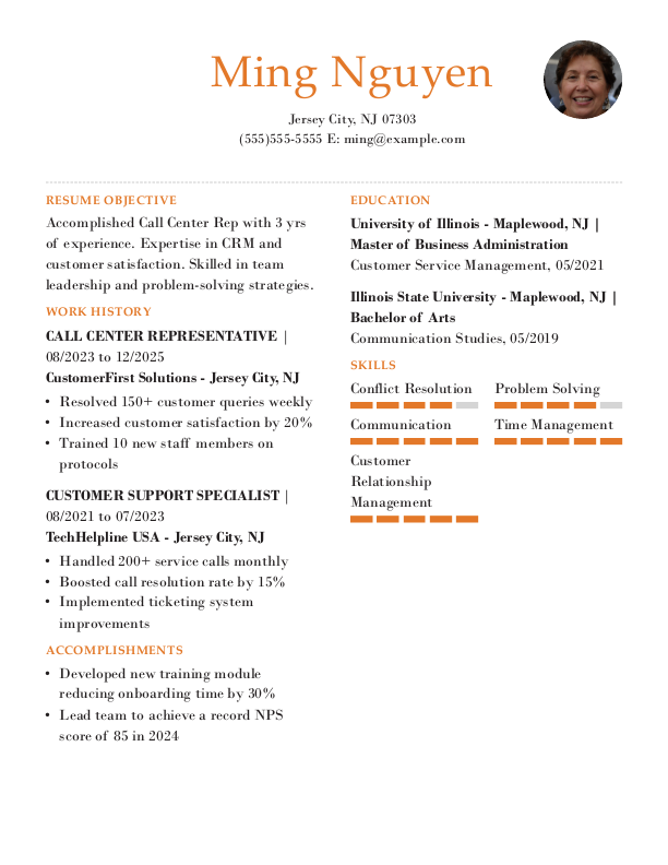 Professional Call Center Representative Resume Template: Orange color