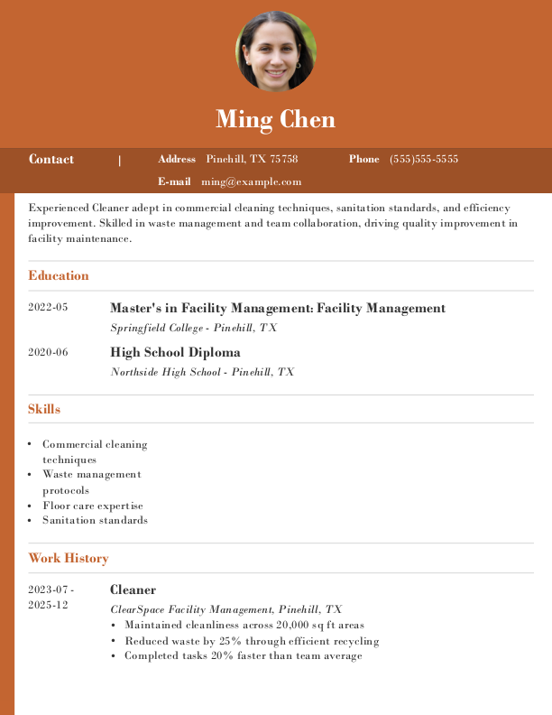 Professional Cleaner Resume Template: Orange color
