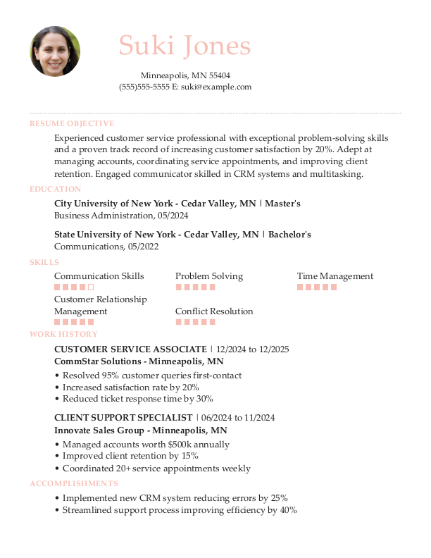 Professional Customer Service Associate Resume Template: Pink color