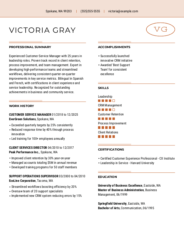 Professional Customer Service Manager Resume Template: Orange color
