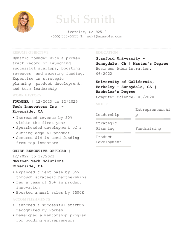 Professional Founder Resume Template: Gray color