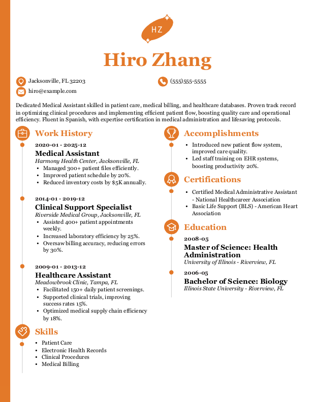 Professional Medical Assistant Resume Template: Orange color