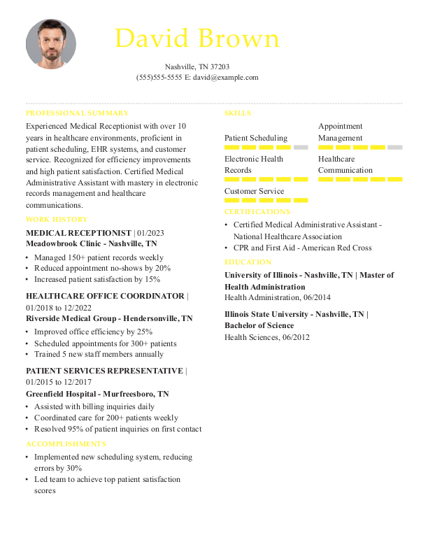 Professional Medical Receptionist Resume Template: Yellow color