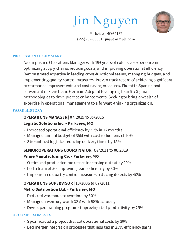 Professional Operations Manager Resume Template: Blue color