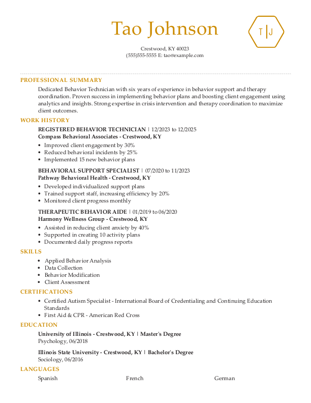 Professional Registered Behavior Technician Resume Template: Yellow color