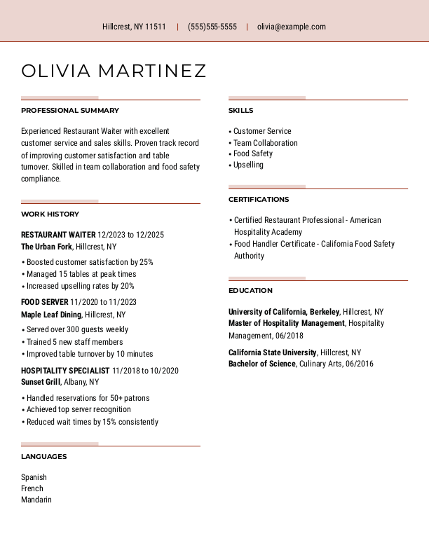 Professional Restaurant Waiter Resume Template: Red color