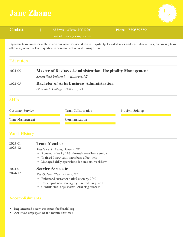 Professional Team Member Resume Template: Yellow color